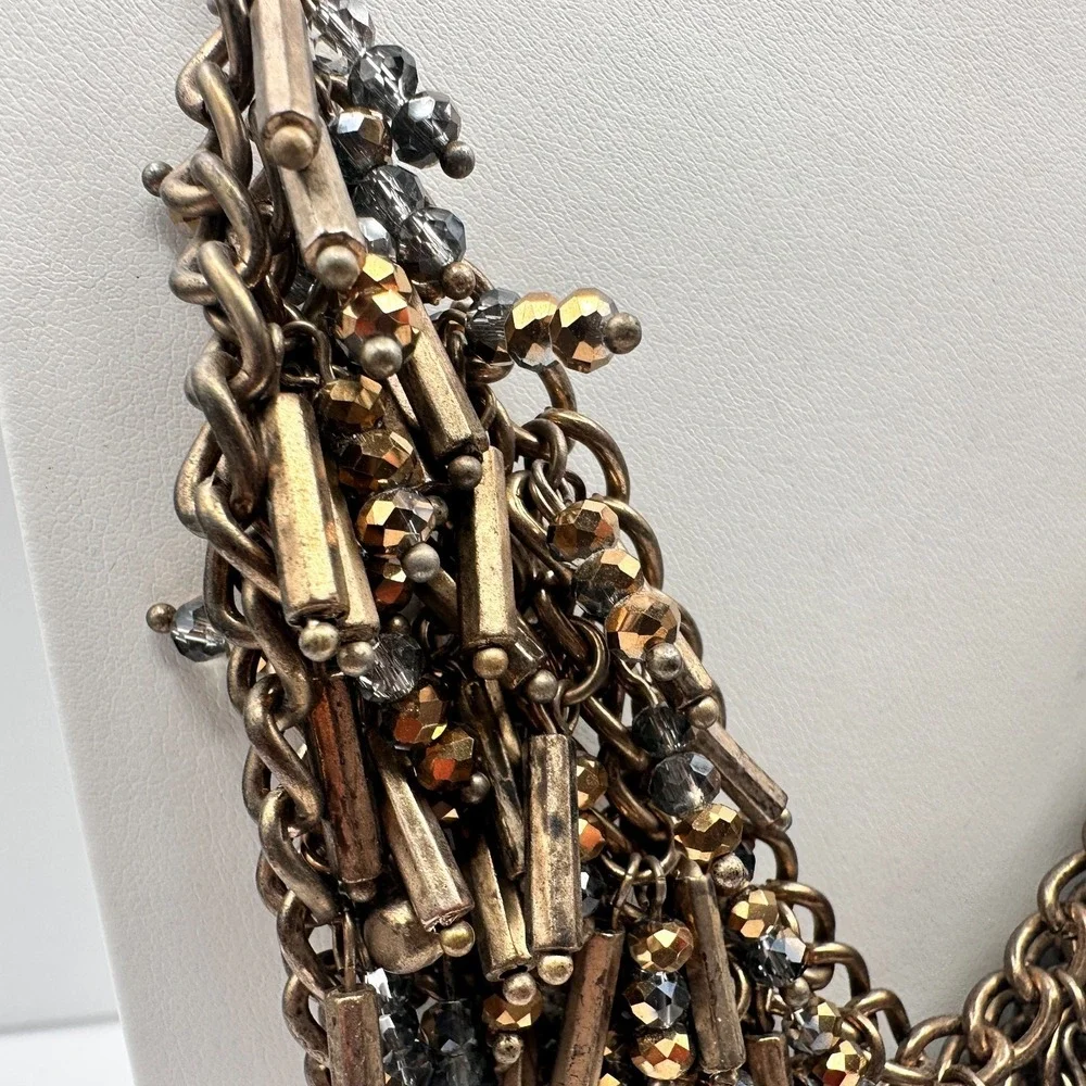 Vintage 90s Bronze Bib Necklace Glass Bead Tassel Fringe Statement Piece